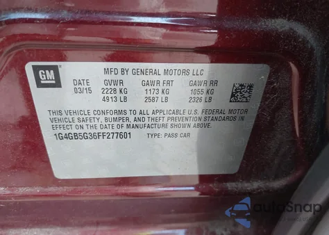 2015 Buick Lacrosse Leather z USA, uszkodzony, nr VIN 1G4GB5G36FF277601